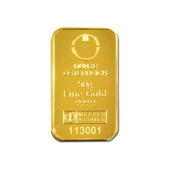 50 g, Zlatna poluga, Münze Österreich / Heraeus / Argor Heraeus - čistoća 999,9 / 1000
